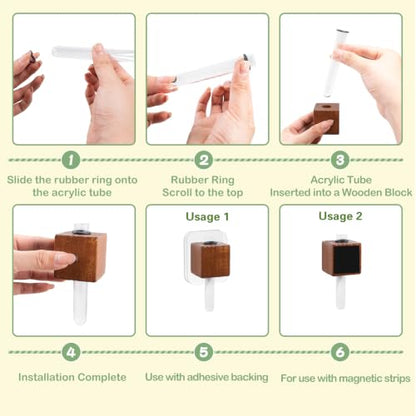 4 PCS Wooden Flower Vase Fridge Magnets, Glass Tube Flower Vase