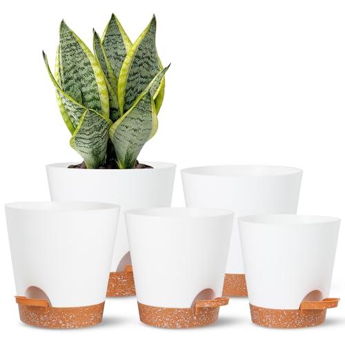 Plant Pots Outdoor Self Watering Pots, Flower Pots with Drainage Hole and Reservoir White Plastic Planters for Indoor Plants Home Decorations Gift Idea 5Pack - color: White, size: 7+6.5+6+5.5+5Inch