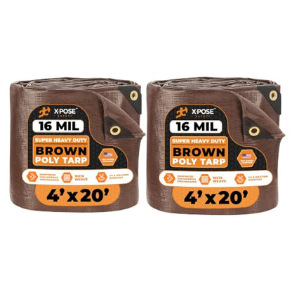4' x 20' Super Heavy Duty 16 Mil Brown Poly Tarp Cover - Thick Waterproof, UV Resistant, Rip and Tear Proof Tarpaulin with Grommets and Reinforced Edges - by Xpose Safety (Pack of 2) - color: Brown, size: 4' X 20' (Pack of 2)