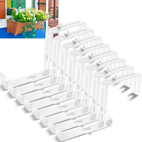 Leinuosen 8 Pcs Adjustable Window Boxes Brackets Planter Box Bracket Heavy Duty Deck Railing Hanging Flower Stand for Windowsill Garden Fence Balcony (White) - color: White