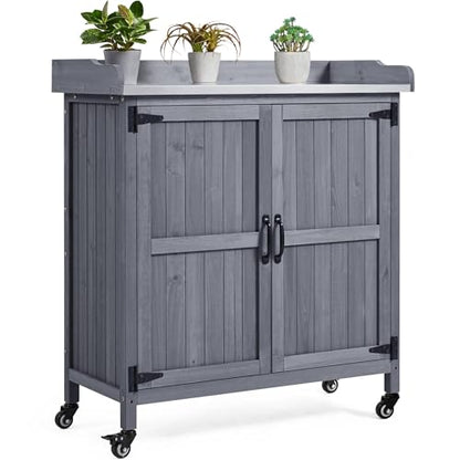 Topeakmart Potting Bench for Outside with Storage Cabinet & Metal Top,Gray - color: Gray