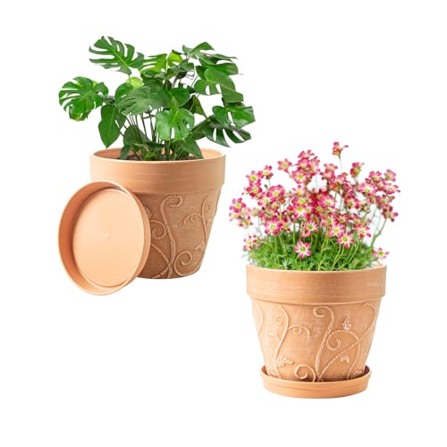 Melphoe Plant Pots Indoor with Drainage & Saucer, 2Pack 7 inch Flower Pots Outdoor Planters for Indoor Plants Garden Home Decor Cactus Succulent, Rigid Plastic (Imitation-Terracotta) Vine-Embossed - color: Terracotta Color, size: 7 inch