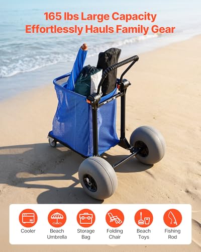 VEVOR Beach Cart with Large Wheels for Sand, 165 lbs Load Capacity, Heavy Duty Folding Beach Wagon with 12" Balloon Wheels, Storage Bag, 180° Adjustable Handlebar, Dolly for Camping Fishing Garden - size: 12" Balloon Wheels