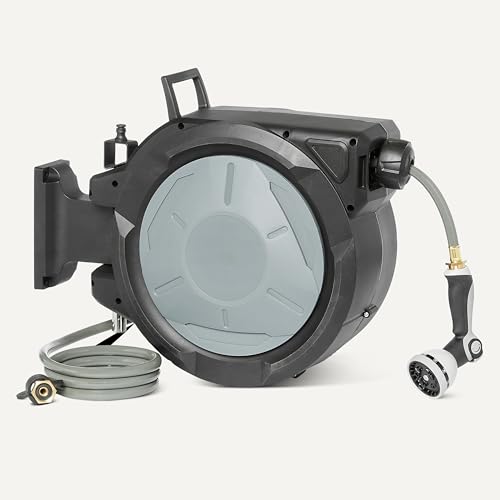 Amazon Basics Retractable Garden Hose Reel, 100 Foot, Wall Mounted, 10-Pattern Spray Nozzle, 180° Swivel Bracket - size: 100ft