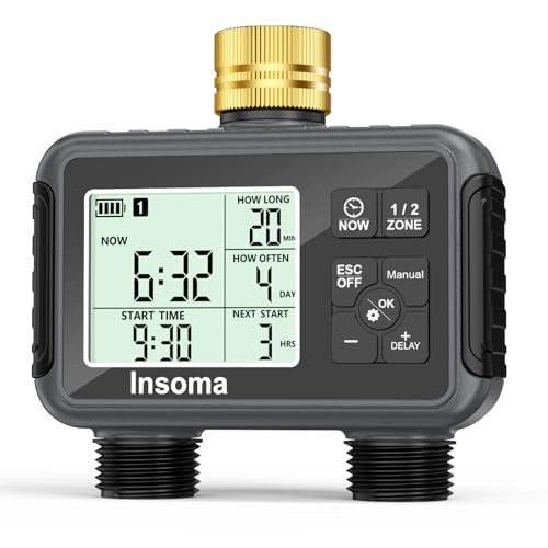 Insoma Water Timer with Brass Inlet, 2 Independent Zones Outdoor Hose Timer for Garden Faucet with Auto/Manual/Rain Delay Mode, Sprinkler Irrigation Controller for Yard Lawn - color: Black, size: 2 Outlets