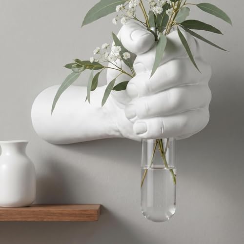 Wall Mounted Hand Vase with Glass Tube, Modern Resin Hand Flower Vase for Dried Flowers & Fresh Blooms, Nordic Minimalist Sculpture for Living Room Bedroom Bathroom Entryway Decor, White