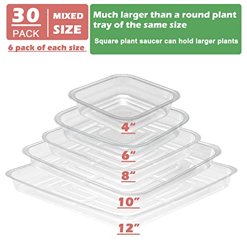 30 Pack Plant Saucers for Indoors 4 6 8 10 12 Inches Plant Trays for Pots Plastic Trays for Plants Square Plant Drip Trays for Potted Plants Flower Pot Saucers Clear Plant Plates to Catch Water, Bulk - size: Mixed Size