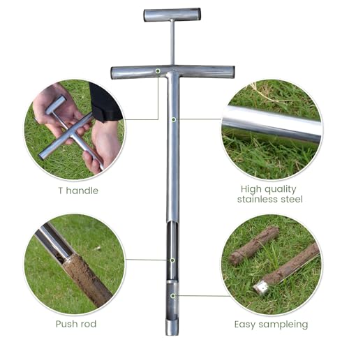 Soil Probe 16 Inch with 2 Bags, Soil Sample Probe with Ejector for Lawn House Plants, T-Handle Soil Sampler Probe Rod, Stainless Steel Soil Test Kits Tool for Soil Sampling - size: 16" With Ejector