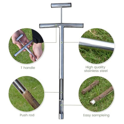 Soil Probe 16 Inch with 2 Bags, Soil Sample Probe with Ejector for Lawn House Plants, T-Handle Soil Sampler Probe Rod, Stainless Steel Soil Test Kits Tool for Soil Sampling - size: 16" With Ejector