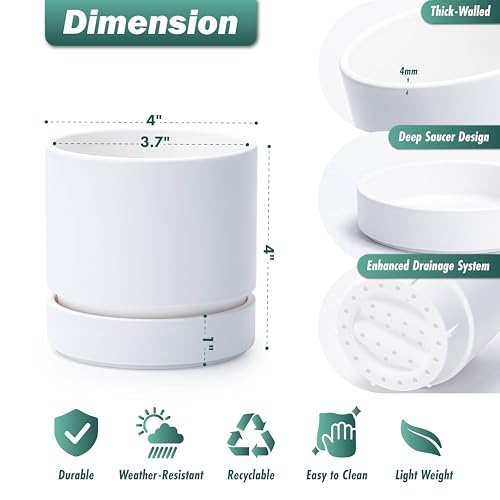 Phoenix Vine 4 Inch Planter Pot with Drainage Hole & Saucer, Deep Water Catch Tray, Straight Cylindrical Round Pot for Plants, Matte White, Pack of 1, 23-B-R-1 - color: Matte White, size: 4" (1 Pack)