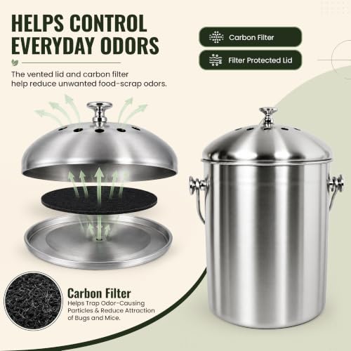 Epica Kitchen Compost Bin for Kitchen Countertops, 1.3 Galllon - Silver - color: silver
