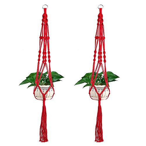 Vpang 2 Pack Colorful Cotton Macrame Plant Hanger, Outdoor Indoor Hanging Planter Basket Flower Pot Holder Boho Home Decor 40 Inch (Red) - color: Red