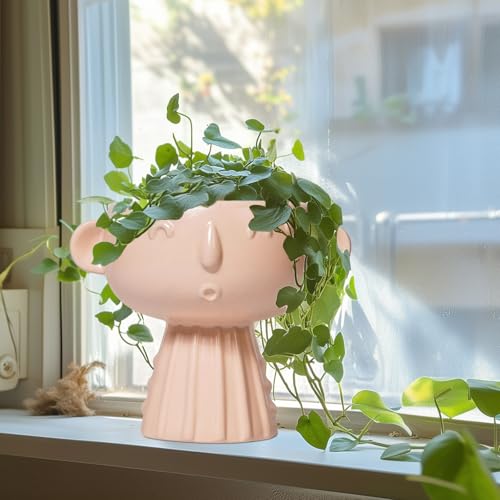 Face Flower Pots - 7 Inch Ceramic Pots for Plants Indoor Outdoor, Decorative Head Planter, Small Cute Succulent Planters with Drainage Hole, Room House Decor, Gifts for Plant Lover, Matte Pink - color: Matte Pink-girl