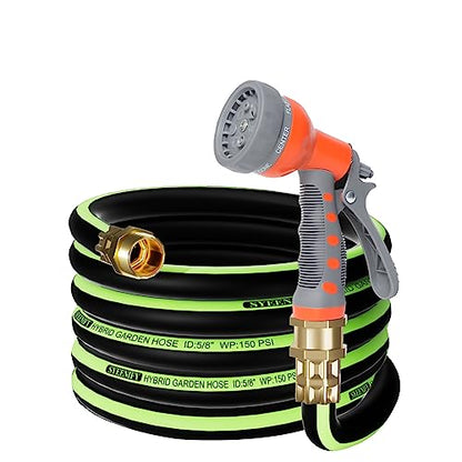 Kink Free Garden Hose 25ft 5/8", Heavy Duty Hybrid Water Hose, Ultra Durable Flexible Rubber Hose with Sprayer Nozzle,Leakproof Yard Outdoor Hose with Brass Solid Connector - size: 25FT