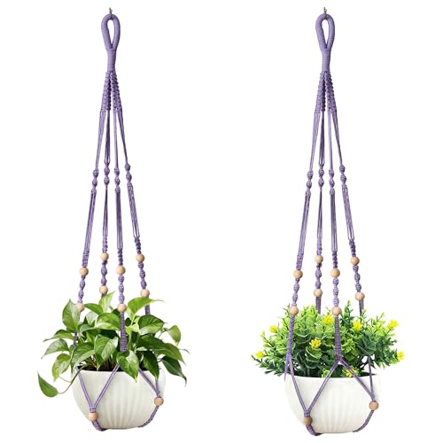 35 Inch Macrame Plant Hanger, Hanging Planter Basket with Wood Beads, Decorative Flower Pot Holder for Indoor Outdoor Boho Home Decor, Set of 2 (Purple) - color: Purple