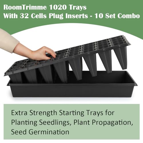 RooTrimmer 10 Pack 1020 Trays No Holes and 10 Pack 4.3" Deep 32 Cell Seed Starter Trays, 20" x 10" - Heavy Duty Plastic Nursery Flats for Seed Germination & Plant Propagation (10 Sets) - size: 32 Cells