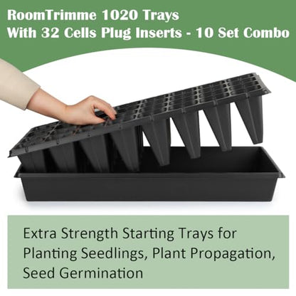 RooTrimmer 10 Pack 1020 Trays No Holes and 10 Pack 4.3" Deep 32 Cell Seed Starter Trays, 20" x 10" - Heavy Duty Plastic Nursery Flats for Seed Germination & Plant Propagation (10 Sets) - size: 32 Cells