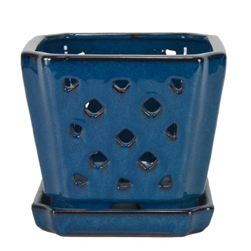 W&W Ceramic Orchid Pot with Holes and Saucer for Repotting, Blue, 7" - color: Blue