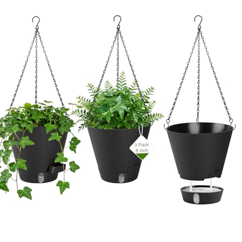 8 Inch Hanging Planters Indoor Outdoor, 3 Pack Plastic Self Watering Plant Pots with Drainage Holes & Saucers, Hanging Baskets Flower Pots with Chain for Ivy, Spider Plant, Pothos, Ferns - color: Black