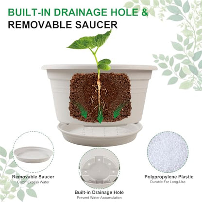 6 Pack 10 inch Plant Pot, Shallow Planters with Drainage Hole & Tray Saucer - color: Gray White, size: 10 Inch - 6Pack