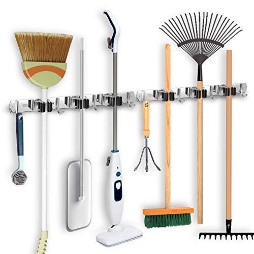 IMILLET 2 Pack Broom Holder Wall Mount Stainless Steel Mop Organizer - color: Stainless Steel - 3 Racks with 4 Hooks, size: 2 Pack