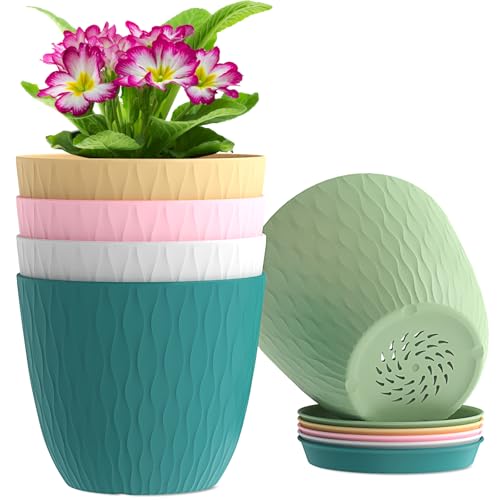WSMKSZ 6 inch Flower Pots, 5 Pack Plant Pots with Drainage Holes and Saucers for Indoor Plants, Plastic Planters with Water Ripple for Small Garden House Plants, Nursery Pots for Succulent, Colorful - color: Colorful, size: 6inch 5pcs
