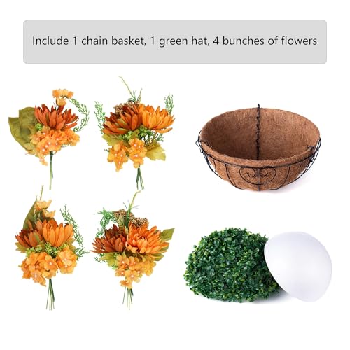 HyeFlora Artificial Fake Hanging Mums Flowers Plants Baskets for Outdoor Outside Decoration, Faux Silk Orange Flower Chrysanthemum UV Resistant Realistic for Porch Patio Balcony Yard Decor