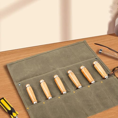 Chisel Roll, 6 Pockets Roll Up Tool Pouch, Waxed Canvas Small Tool Roll - color: Coffee