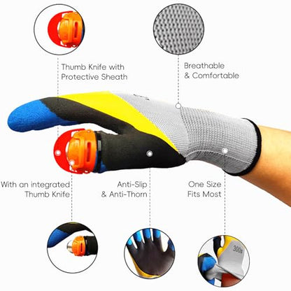 AGLOO Gardening Gloves with Thumb Knife - 1 Pair for Quick Pruning, Fruit Picking and Trimming in Yard - Breathable, Anti-Thorn Picking Gloves for Plant Harvesting