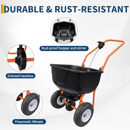 GarveeLife Walk Behind Lawn Spreader, 70 LB Fertilizer Spreader, Push Broadcast Spreaders with 8" All-Terrain Tires, 0–10FT Spreading Width, for Lawn Care & Seed Spreading