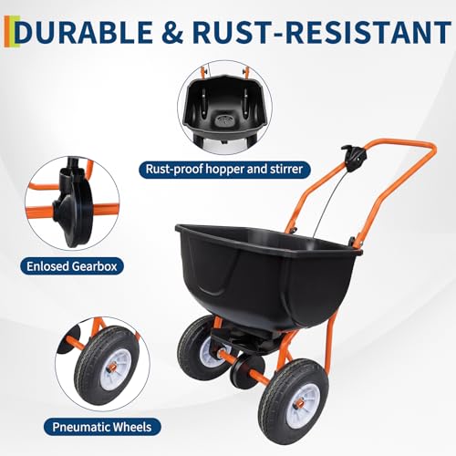 GarveeLife Walk Behind Lawn Spreader, 70 LB Fertilizer Spreader, Push Broadcast Spreaders with 8" All-Terrain Tires, 0–10FT Spreading Width, for Lawn Care & Seed Spreading