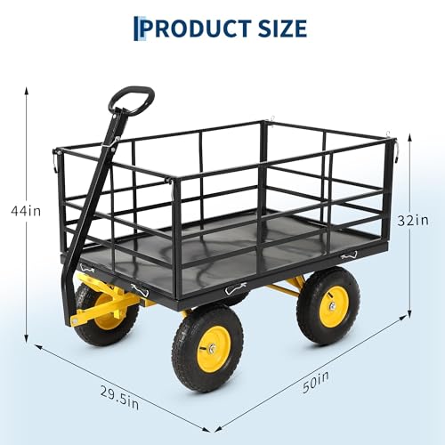 1500 lbs Heavy Duty Steel Garden Cart - Utility Yard Wagon - Removable Mesh Sides & 180° Swivel Adjustable Handle - Outdoor Dump Trailer - Black Frame, Yellow Rims, Yellow Handlebars, - color: Black