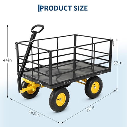 1500 lbs Heavy Duty Steel Garden Cart - Utility Yard Wagon - Removable Mesh Sides & 180° Swivel Adjustable Handle - Outdoor Dump Trailer - Black Frame, Yellow Rims, Yellow Handlebars, - color: Black