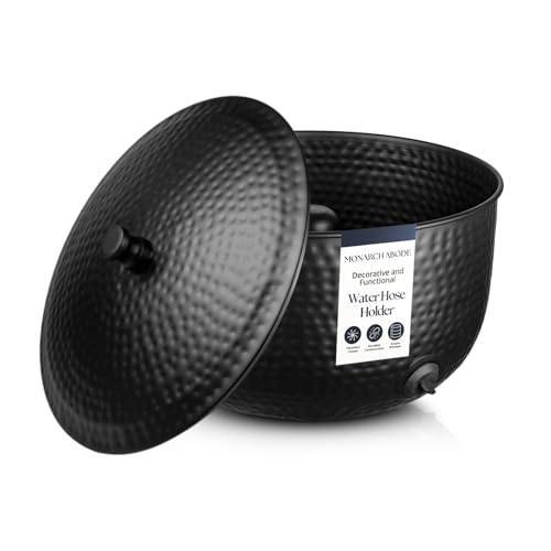 Monarch Abode Garden Hose Holder with Lid – Decorative Water Hose Holders for Outside, Hand Hammered Metal Matte Black Pot with Drainage, 100ft Waterhose Holder for Outside, Garden Storage Caddy - color: Matte Black