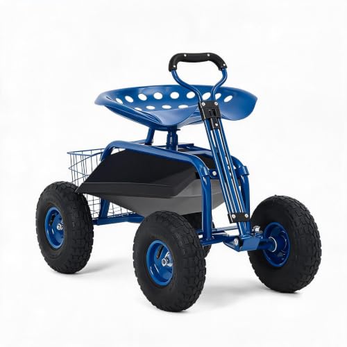 Rolling Garden Cart with Seat, Garden Workseat with 360-Degree Swivel - color: Blue