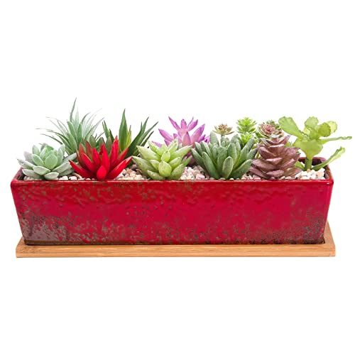 Succulent Pots, 12'' Large Long Rectangle Succulent Planter Pots with Drain - color: Red