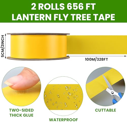 2 Rolls Double-Sided Yellow Sticky Tree Tape 2 Inch Wide x 330 Ft Spotted Lantern Fly Trap for Outdoor Indoor Trees Fruit Plants Gardens Pest Control for Aphids Ants Moths