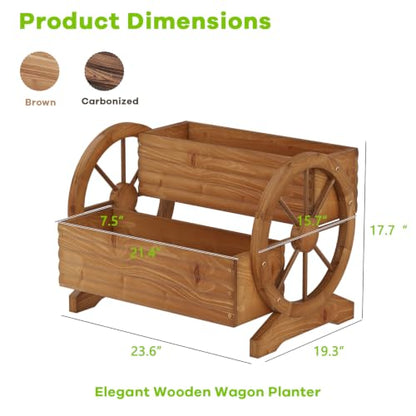 Wood Wagon Planter for outdoor Plants Cute Garden Flower Pots Cart Porch, L - color: Brown-large