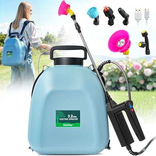 SideKing 3.2 Gallon Battery Powered Backpack Sprayer, Electric Back Pack Sprayer with 3 Spray Speed, Battery Indicator, Rechargeable Handle, 40" Telescopic Wand, 5 Mist Nozzles, for Lawn and Garden - color: Sky Blue, size: 3.2 Gallon