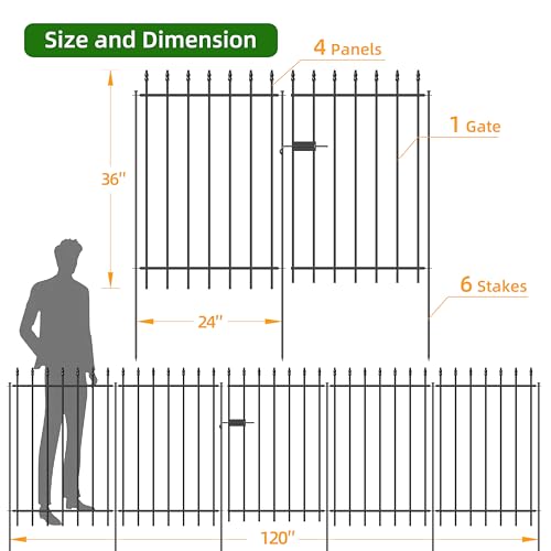 Decorative Metal Garden Fence with Gate 36" x 10', Dog Fence Outdoor - size: 36″H x 10ft (1Gate+4Panels)
