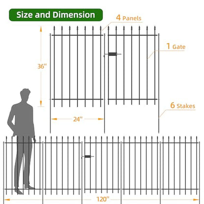 Decorative Metal Garden Fence with Gate 36" x 10', Dog Fence Outdoor - size: 36″H x 10ft (1Gate+4Panels)