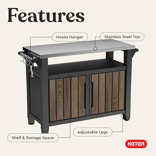 Keter Unity XL Outdoor Entertainment Cart with Wood‑Look Finish, 78‑Gallon Patio Storage Cabinet, Food Prep Station, Stainless‑Steel Top for BBQ, Grill, Patio, Deck & Backyard, Walnut - color: Walnut