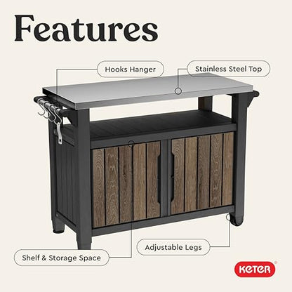 Keter Unity XL Outdoor Entertainment Cart with Wood‑Look Finish, 78‑Gallon Patio Storage Cabinet, Food Prep Station, Stainless‑Steel Top for BBQ, Grill, Patio, Deck & Backyard, Walnut - color: Walnut