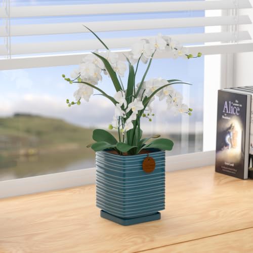 5.9 Inch Green Ceramic Planter with Drainage and Saucer - color: Peacock Green, size: Medium