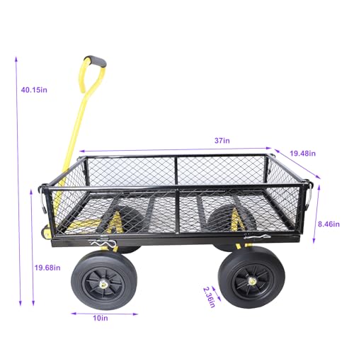 Metal Utility Wagon with 10" Solid Large Wheels 500 Lbs Capacity Heavy Duty Wheel Barrow Mesh Steel Garden Wagon Cart Dump Cart Pullable with 180° Rotating Handle Removable Sides (Black & Yellow) - color: Black & Yellow