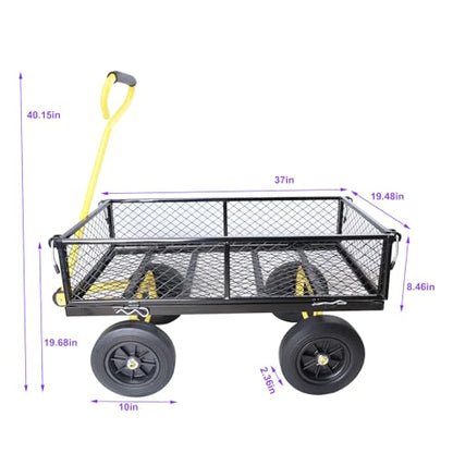 Metal Utility Wagon with 10" Solid Large Wheels 500 Lbs Capacity Heavy Duty Wheel Barrow Mesh Steel Garden Wagon Cart Dump Cart Pullable with 180° Rotating Handle Removable Sides (Black & Yellow) - color: Black & Yellow