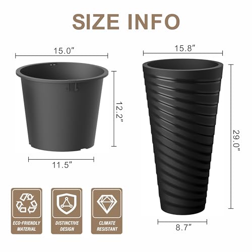 Kante Set of 2 Black Plastic Round Planters 29" Tall Home & Outdoor - color: Black-spiral, size: 29" H