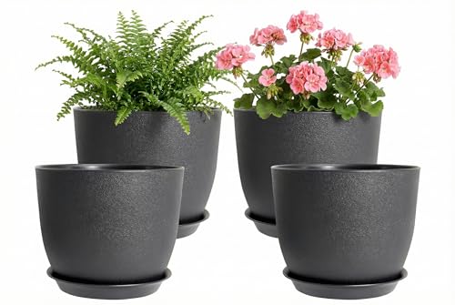 8 Inch Plant Pots Set of 4, Plastic Planters with Drainage Holes and Tray, Flower Pots for Indoor Outdoor Plants and Flowers (Black) - color: Black
