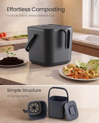 SONGMICS Compost Bin for Kitchen Counter, Plastic, 1.8-Gallon (7 L) - color: Dark Gray, size: 1.8 gallons (7L)