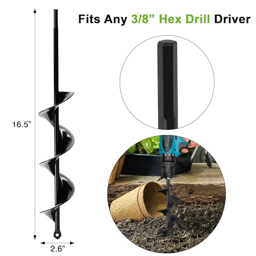 Auger Drill Bit for Planting 2.6 x 16.5 Inch, Garden Spiral Drill Bit for 3/8" Hex Drive, Earth Post Hole Digger Bulb Planter Plant Flower Planting Auger for Drill Rapid Bedding Digging - size: 2.6" x 16.5"-Black